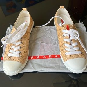 PRADA Authentic Sport Tan Laser Cut Leather Low Top , Lace Up Sneaker NWOT